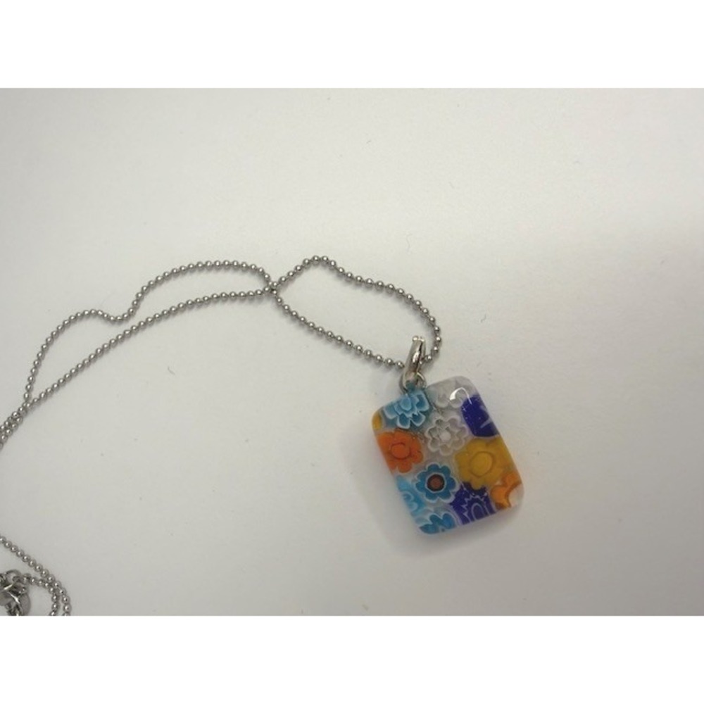 Murano‎ Millefiori Glass Pendant Necklace Silver Tone Ball Chain Floral Mosaic